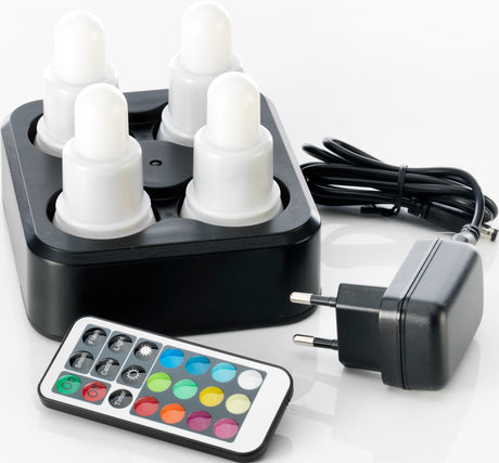 Duni 4er LED-Set 206436 Multicolor 12 Stunden Brenndauer inkl. Fernbedienung und 4er Ladestation (Produktionsdatum 2025)