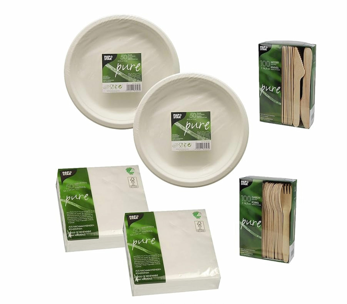 PAPSTAR SET 100 Einwegteller weiß pure rund Ø 23 cm, Randhöhe 2 cm, ungeteilt, aus Zuckerrohr, biologisch abbaubar 3220,  100 Servietten 86913, 100 Gabeln Holz 84838, 100 Messer Holz 18200 (400 -teilig)