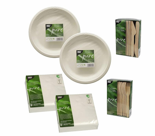 PAPSTAR SET 100 Einwegteller weiß pure rund Ø 23 cm, Randhöhe 2 cm, ungeteilt, aus Zuckerrohr, biologisch abbaubar 3220,  100 Servietten 86913, 100 Gabeln Holz 84838, 100 Messer Holz 18200 (400 -teilig)
